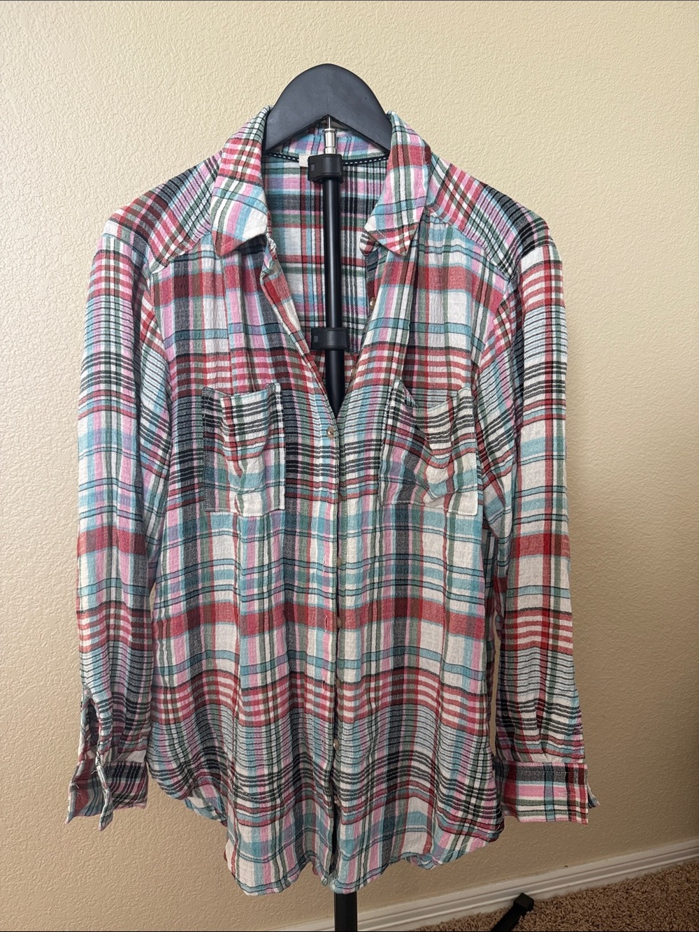 Pilcro Lightweight Madras Plaid Button-Up Shirt in Red, Teal & White